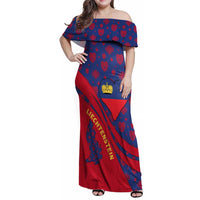 Liechtenstein Family Matching Off Shoulder Maxi Dress and Hawaiian Shirt with Red Blue Heart Design and Royal Coat of Arms Pattern - Wonder Print Shop