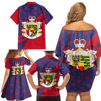 Liechtenstein Family Matching Off Shoulder Short Dress and Hawaiian Shirt with Red Blue Heart Design and Royal Coat of Arms Pattern - Wonder Print Shop