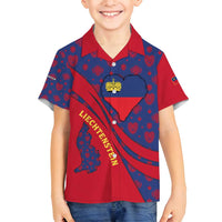 Liechtenstein Family Matching Off Shoulder Short Dress and Hawaiian Shirt with Red Blue Heart Design and Royal Coat of Arms Pattern - Wonder Print Shop