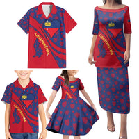 Liechtenstein Family Matching Puletasi and Hawaiian Shirt with Red Blue Heart Design and Royal Coat of Arms Pattern - Wonder Print Shop