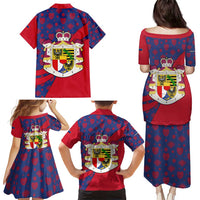Liechtenstein Family Matching Puletasi and Hawaiian Shirt with Red Blue Heart Design and Royal Coat of Arms Pattern - Wonder Print Shop