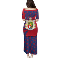 Liechtenstein Family Matching Puletasi and Hawaiian Shirt with Red Blue Heart Design and Royal Coat of Arms Pattern - Wonder Print Shop