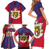 Liechtenstein Family Matching Short Sleeve Bodycon Dress and Hawaiian Shirt with Red Blue Heart Design and Royal Coat of Arms Pattern - Wonder Print Shop
