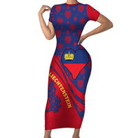 Liechtenstein Family Matching Short Sleeve Bodycon Dress and Hawaiian Shirt with Red Blue Heart Design and Royal Coat of Arms Pattern - Wonder Print Shop