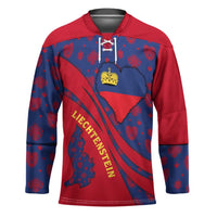 Liechtenstein Hockey Jersey with Red Blue Heart Design and Royal Coat of Arms Pattern - Wonder Print Shop