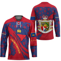 Liechtenstein Hockey Jersey with Red Blue Heart Design and Royal Coat of Arms Pattern - Wonder Print Shop