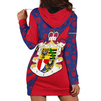 Liechtenstein Hoodie Dress with Red Blue Heart Design and Royal Coat of Arms Pattern - Wonder Print Shop
