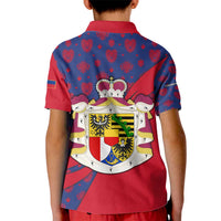Liechtenstein Kid Polo Shirt with Red Blue Heart Design and Royal Coat of Arms Pattern - Wonder Print Shop