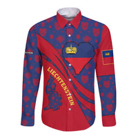 Liechtenstein Long Sleeve Button Shirt with Red Blue Heart Design and Royal Coat of Arms Pattern - Wonder Print Shop