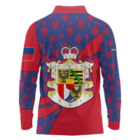 Liechtenstein Long Sleeve Polo Shirt with Red Blue Heart Design and Royal Coat of Arms Pattern - Wonder Print Shop