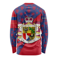 Liechtenstein Long Sleeve Shirt with Red Blue Heart Design and Royal Coat of Arms Pattern - Wonder Print Shop