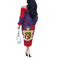 Liechtenstein Off The Shoulder Long Sleeve Dress with Red Blue Heart Design and Royal Coat of Arms Pattern - Wonder Print Shop