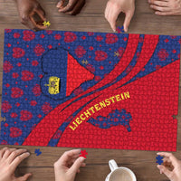Liechtenstein Puzzle with Red Blue Heart Design and Royal Coat of Arms Pattern - Wonder Print Shop