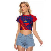 Liechtenstein Raglan Cropped T Shirt with Red Blue Heart Design and Royal Coat of Arms Pattern - Wonder Print Shop
