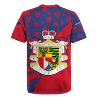 Liechtenstein Rugby Jersey with Red Blue Heart Design and Royal Coat of Arms Pattern - Wonder Print Shop
