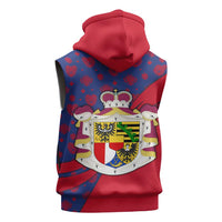 Liechtenstein Sleeveless Hoodie with Red Blue Heart Design and Royal Coat of Arms Pattern - Wonder Print Shop