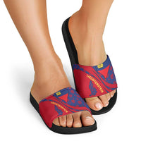 Liechtenstein Slide Sandals with Red Blue Heart Design and Royal Coat of Arms Pattern - Wonder Print Shop