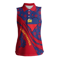 Liechtenstein Women Sleeveless Polo Shirt with Red Blue Heart Design and Royal Coat of Arms Pattern - Wonder Print Shop