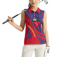 Liechtenstein Women Sleeveless Polo Shirt with Red Blue Heart Design and Royal Coat of Arms Pattern - Wonder Print Shop
