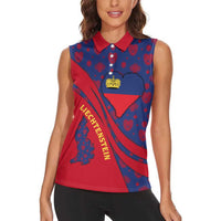 Liechtenstein Women Sleeveless Polo Shirt with Red Blue Heart Design and Royal Coat of Arms Pattern - Wonder Print Shop