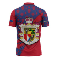 Liechtenstein Zipper Polo Shirt with Red Blue Heart Design and Royal Coat of Arms Pattern - Wonder Print Shop