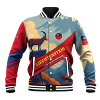 Liechtenstein Baseball Jacket with Mountain Goat Landscape Design and Red Blue Alps - Wonder Print Shop