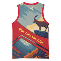 Liechtenstein Basketball Jersey with Mountain Goat Landscape Design and Red Blue Alps - Wonder Print Shop