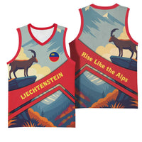 Liechtenstein Basketball Jersey with Mountain Goat Landscape Design and Red Blue Alps - Wonder Print Shop