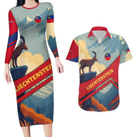 Liechtenstein Couples Matching Long Sleeve Bodycon Dress and Hawaiian Shirt with Mountain Goat Landscape Design and Red Blue Alps - Wonder Print Shop