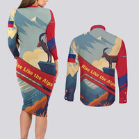 Liechtenstein Couples Matching Long Sleeve Bodycon Dress and Long Sleeve Button Shirt with Mountain Goat Landscape Design and Red Blue Alps - Wonder Print Shop