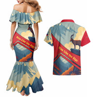 Liechtenstein Couples Matching Mermaid Dress and Hawaiian Shirt with Mountain Goat Landscape Design and Red Blue Alps - Wonder Print Shop