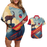 Liechtenstein Couples Matching Off Shoulder Short Dress and Hawaiian Shirt with Mountain Goat Landscape Design and Red Blue Alps - Wonder Print Shop