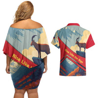 Liechtenstein Couples Matching Off Shoulder Short Dress and Hawaiian Shirt with Mountain Goat Landscape Design and Red Blue Alps - Wonder Print Shop