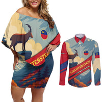 Liechtenstein Couples Matching Off Shoulder Short Dress and Long Sleeve Button Shirt with Mountain Goat Landscape Design and Red Blue Alps - Wonder Print Shop