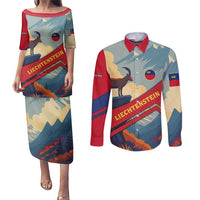 Liechtenstein Couples Matching Puletasi and Long Sleeve Button Shirt with Mountain Goat Landscape Design and Red Blue Alps - Wonder Print Shop
