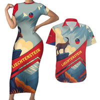 Liechtenstein Couples Matching Short Sleeve Bodycon Dress and Hawaiian Shirt with Mountain Goat Landscape Design and Red Blue Alps - Wonder Print Shop