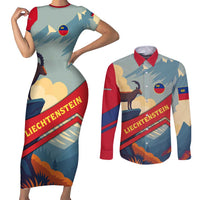 Liechtenstein Couples Matching Short Sleeve Bodycon Dress and Long Sleeve Button Shirt with Mountain Goat Landscape Design and Red Blue Alps - Wonder Print Shop