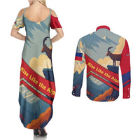 Liechtenstein Couples Matching Summer Maxi Dress and Long Sleeve Button Shirt with Mountain Goat Landscape Design and Red Blue Alps - Wonder Print Shop