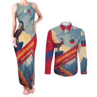 Liechtenstein Couples Matching Tank Maxi Dress and Long Sleeve Button Shirt with Mountain Goat Landscape Design and Red Blue Alps - Wonder Print Shop