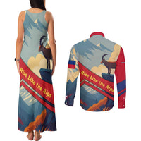 Liechtenstein Couples Matching Tank Maxi Dress and Long Sleeve Button Shirt with Mountain Goat Landscape Design and Red Blue Alps - Wonder Print Shop