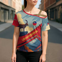 Liechtenstein Cross Shoulder Shirt with Mountain Goat Landscape Design and Red Blue Alps - Wonder Print Shop