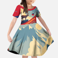 Liechtenstein Family Matching Off Shoulder Maxi Dress and Hawaiian Shirt with Mountain Goat Landscape Design and Red Blue Alps - Wonder Print Shop
