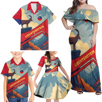 Liechtenstein Family Matching Off Shoulder Maxi Dress and Hawaiian Shirt with Mountain Goat Landscape Design and Red Blue Alps - Wonder Print Shop