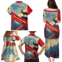 Liechtenstein Family Matching Puletasi and Hawaiian Shirt with Mountain Goat Landscape Design and Red Blue Alps - Wonder Print Shop