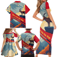 Liechtenstein Family Matching Short Sleeve Bodycon Dress and Hawaiian Shirt with Mountain Goat Landscape Design and Red Blue Alps - Wonder Print Shop