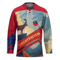 Liechtenstein Hockey Jersey with Mountain Goat Landscape Design and Red Blue Alps - Wonder Print Shop