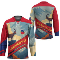 Liechtenstein Hockey Jersey with Mountain Goat Landscape Design and Red Blue Alps - Wonder Print Shop