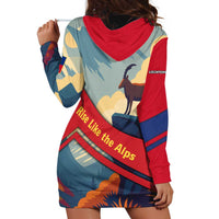 Liechtenstein Hoodie Dress with Mountain Goat Landscape Design and Red Blue Alps - Wonder Print Shop