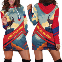 Liechtenstein Hoodie Dress with Mountain Goat Landscape Design and Red Blue Alps - Wonder Print Shop