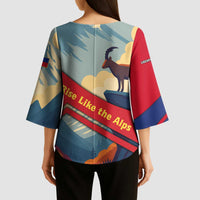 Liechtenstein Kimono Sleeve Blouse with Mountain Goat Landscape Design and Red Blue Alps - Wonder Print Shop